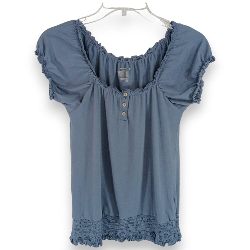 OLD NAVY- Women's Top-X SM-Shirred waist-Short sleeve-Blue-Casual-Summer-Loose - Picture 2 of 9